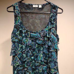 CATO BLACK GREEN TEAL PAISLEY STYLE PRINT TOP RUFFLED LAYERS BLOUSE SIZE L